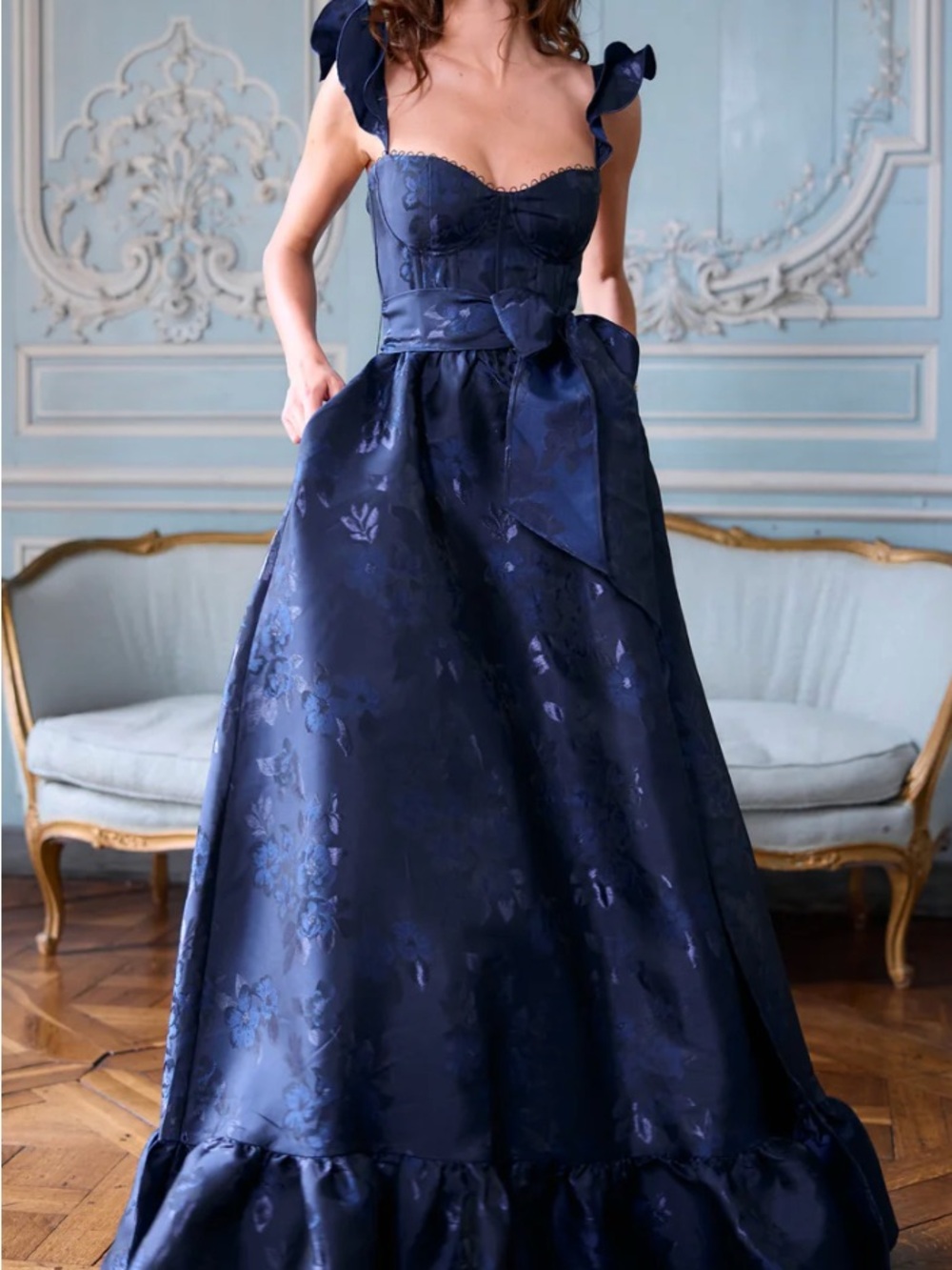 V. Chapman The Veronica Dress Navy Baroque Maxi Dress with Bow Waist